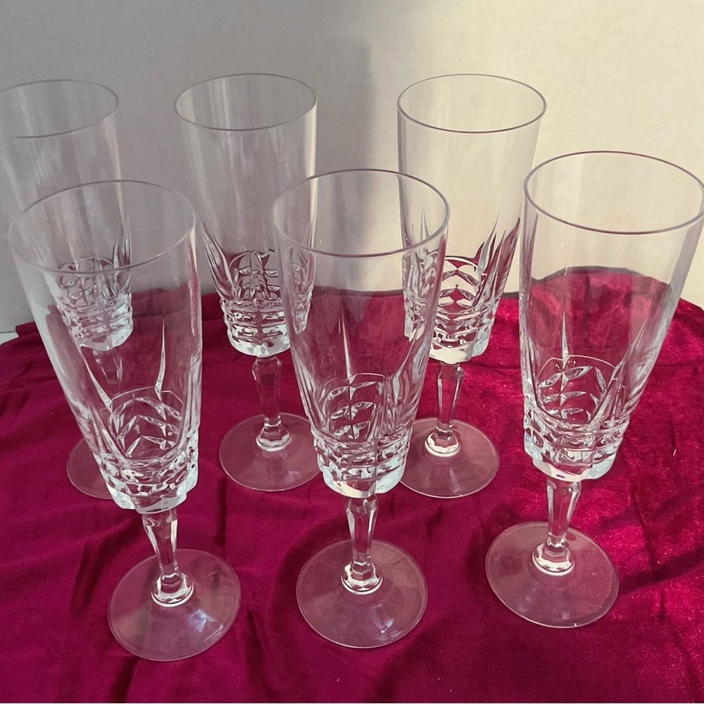 Vintage Clear Cut Crystal Champagne Flutes - Set of 6